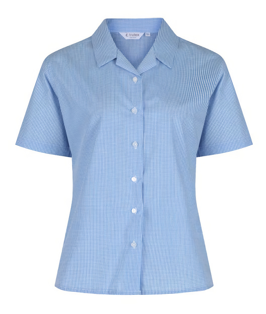 Girl's Short Sleeve Rever Collar Blue Check Blouse